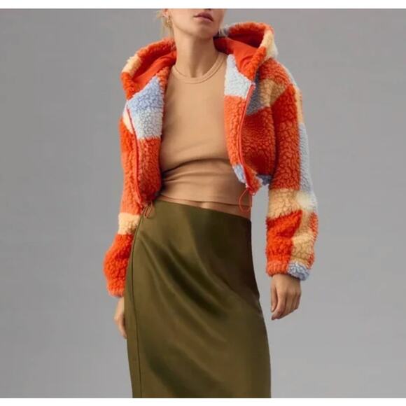 Anthropologie Daily Practice Faux Shearling Crop Zip-Up Jacket Orange Plaid XS - Picture 3 of 9